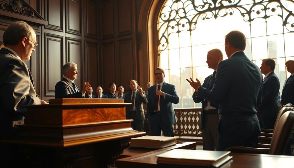 A courtroom scene with a judge's bench and podium in the foreground, under soft, warm lighting. In the middle ground, lawyers in formal attire engage in a heated discussion, gesturing animatedly. The background features a large, ornate window overlooking a cityscape, casting a golden glow. The overall atmosphere conveys a sense of legal authority and precedent, with a touch of drama and tension.