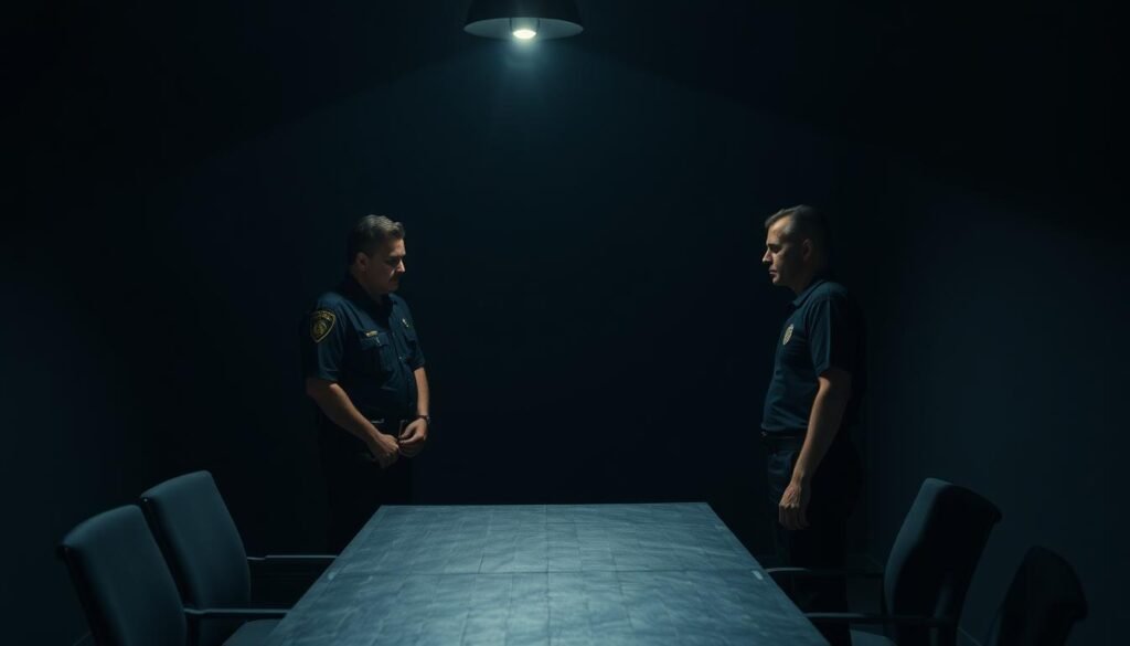 Dimly lit interrogation room with a police officer facing a handcuffed suspect. Tense expressions and dramatic lighting evoke the gravity of custodial interrogation and the imminent reading of Miranda Rights under Miranda v. Arizona.