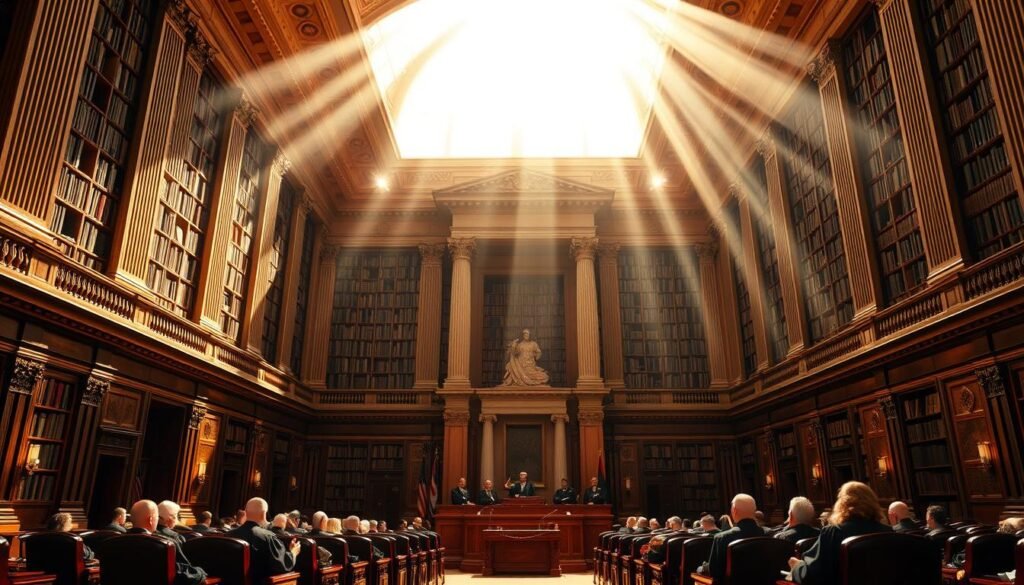 A grand, imposing courthouse stands tall, its classical architecture bathed in warm, golden light. Inside, judges' robes billow as they preside over a historic courtroom, presiding over landmark cases that have shaped the exclusionary rule. Towering bookcases line the walls, their leather-bound volumes containing the chronicles of this legal legacy. The air is thick with the weight of precedent and the gravity of the decisions made within these hallowed halls. Rays of sunlight stream through tall windows, illuminating the solemnity of the proceedings, a tableau of justice and the evolution of constitutional protections.