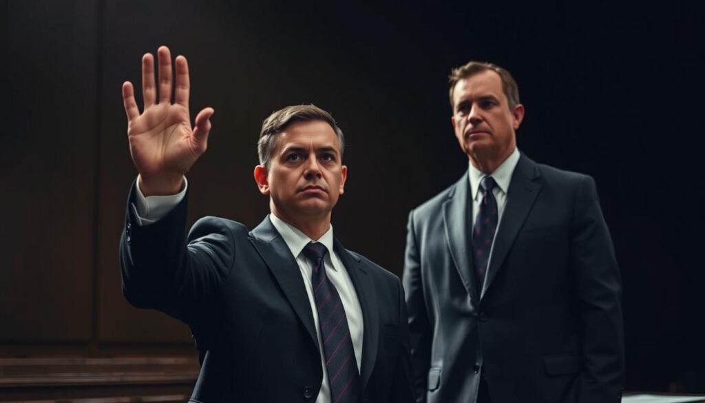 Courtroom scene with a defendant invoking the right to remain silent, hand raised in a formal gesture. A lawyer stands beside them, symbolizing legal counsel and advocacy. Dramatic lighting highlights the tension of asserting Miranda Rights and constitutional protections.