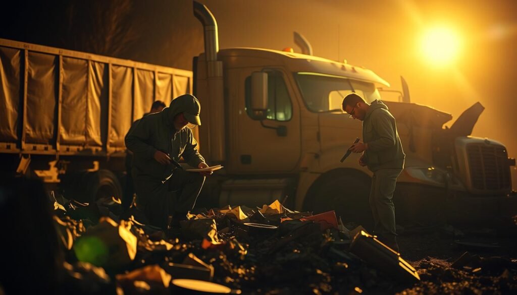 A team of investigators meticulously combing through the wreckage of a truck accident, sifting through debris and taking careful notes. The scene is illuminated by a warm, golden light that casts dramatic shadows, creating a sense of urgency and purpose. The investigators wear protective gear and use specialized tools to document the evidence, capturing every crucial detail that could unravel the mystery of the crash. In the background, the twisted and mangled remains of the vehicle serve as a somber reminder of the gravity of the situation. The overall atmosphere is one of diligent, methodical examination, as the team works tirelessly to build a comprehensive case.