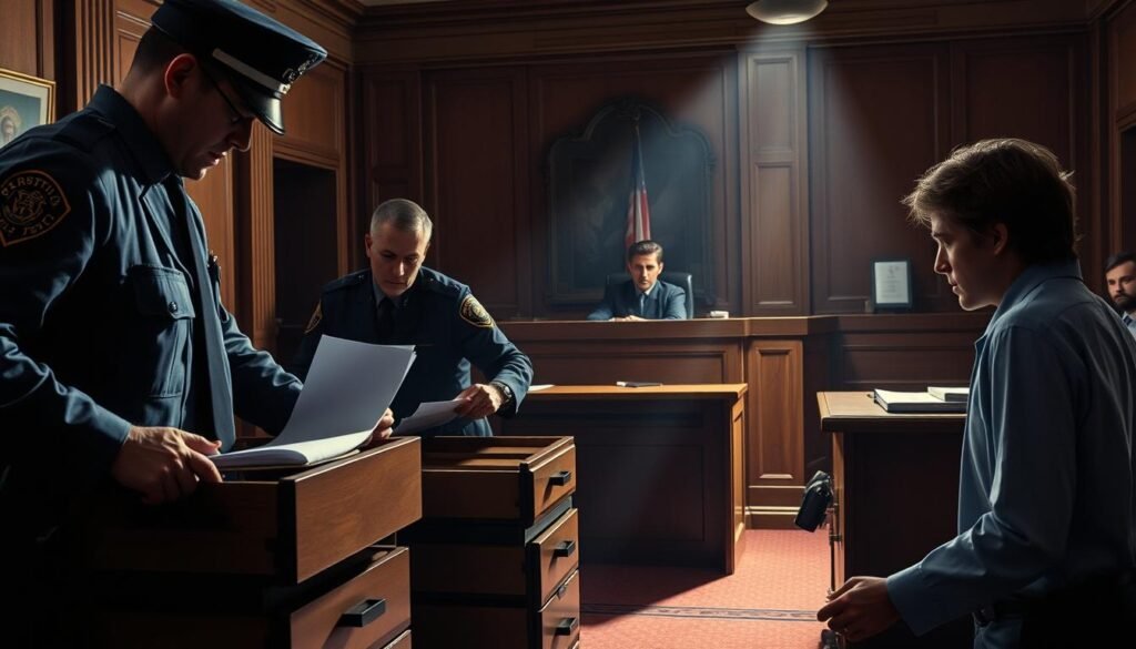 Courtroom scene depicting law enforcement executing a search warrant. Foreground shows police officers thoroughly searching a suspect's home, opening drawers and examining documents. Middle ground shows the suspect looking on with a worried expression. Background features a judge's bench and other courtroom elements, creating a sense of legal proceedings. Lighting is harsh and dramatic, casting long shadows to heighten the tension. The overall atmosphere conveys the gravity and importance of search and seizure laws in the criminal justice system.
