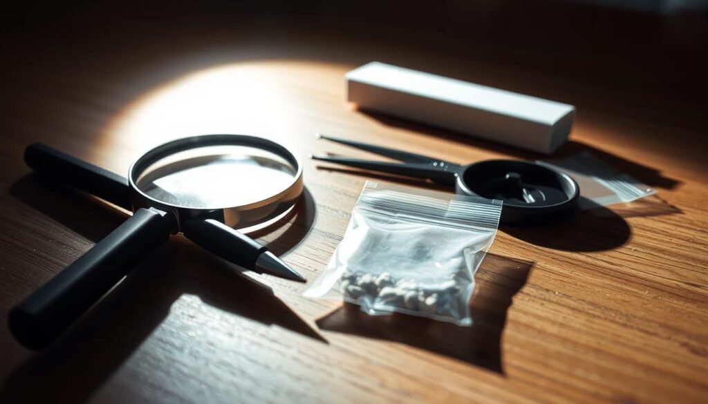 Forensic evidence on a wooden table, illuminated by a bright, directional light. A magnifying glass, tweezers, and small plastic evidence bags lie neatly arranged, casting sharp shadows. The scene exudes an air of meticulous investigation, with a clean, minimalist aesthetic that emphasizes the importance of the physical clues. The background is blurred, keeping the focus on the carefully documented items central to the judicial process.