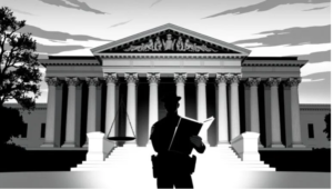 Monochrome illustration of the U.S. Supreme Court building with a police officer reading Miranda Rights. Symbolizes the landmark Miranda v. Arizona decision and its impact on constitutional protections and law enforcement procedures.