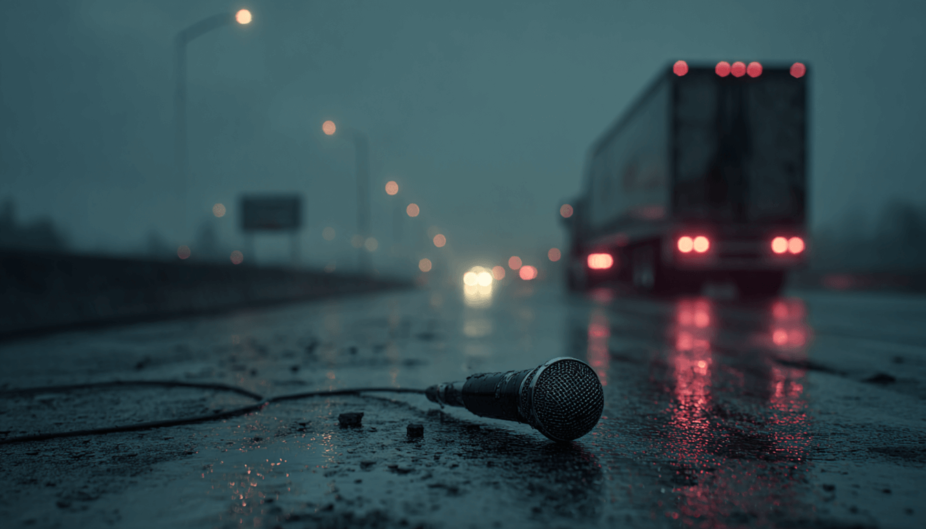A dramatic, somber image depicting the ghostly, blurred taillights of a semi-truck at night, with a shattered comedy stage spotlight in the foreground, symbolizing the tragic crash that injured Tracy Morgan due to driver fatigue.